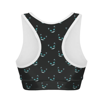 Black Cheshire Cat Pattern Print Women's Sports Bra