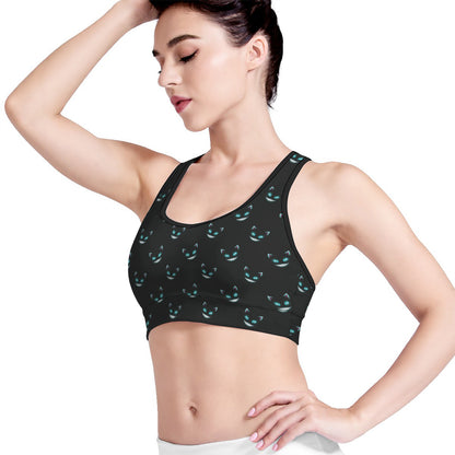 Black Cheshire Cat Pattern Print Women's Sports Bra