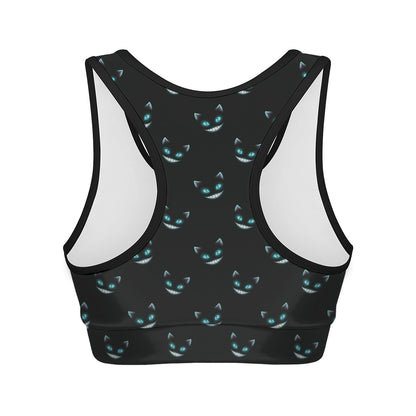 Black Cheshire Cat Pattern Print Women's Sports Bra