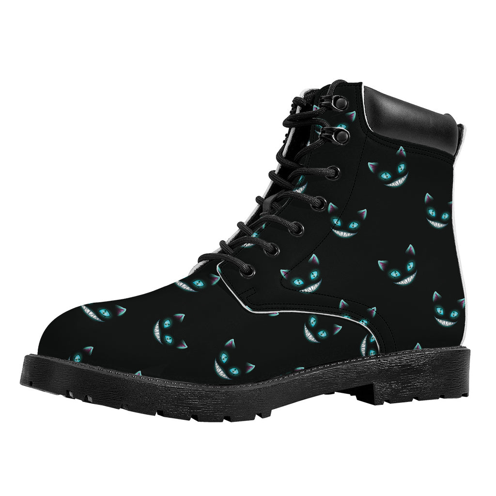 Black Cheshire Cat Pattern Print Work Boots