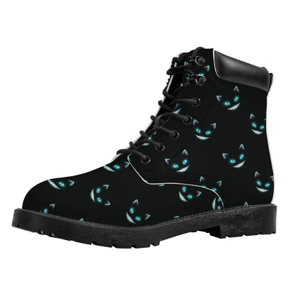 Black Cheshire Cat Pattern Print Work Boots