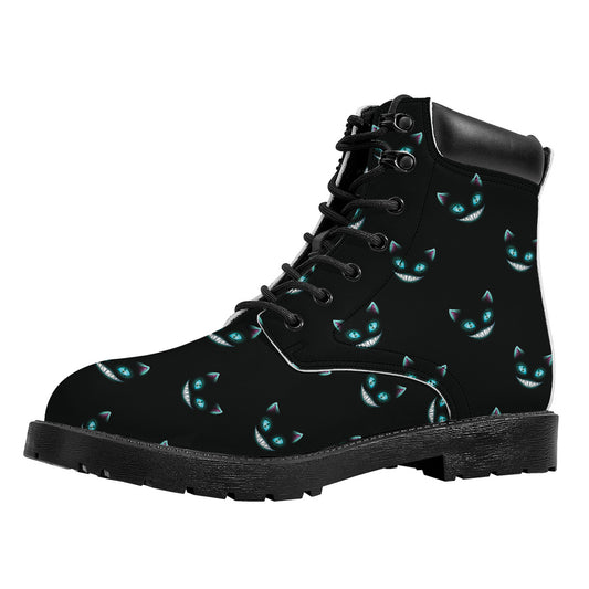 Black Cheshire Cat Pattern Print Work Boots