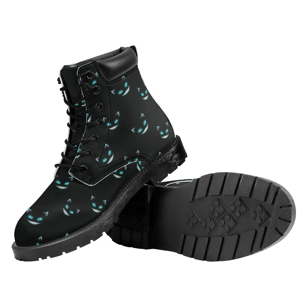 Black Cheshire Cat Pattern Print Work Boots