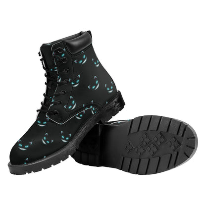 Black Cheshire Cat Pattern Print Work Boots