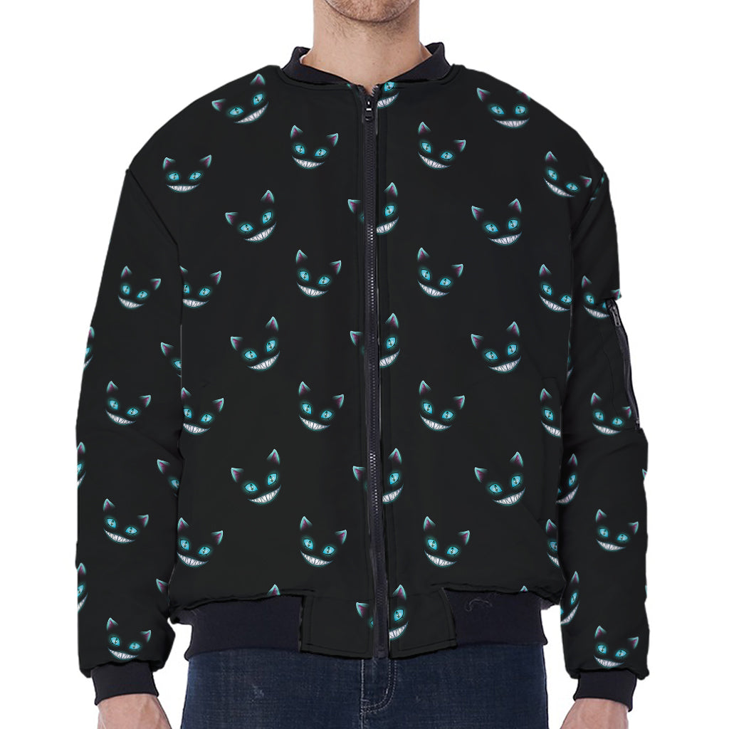 Black Cheshire Cat Pattern Print Zip Sleeve Bomber Jacket