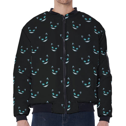 Black Cheshire Cat Pattern Print Zip Sleeve Bomber Jacket