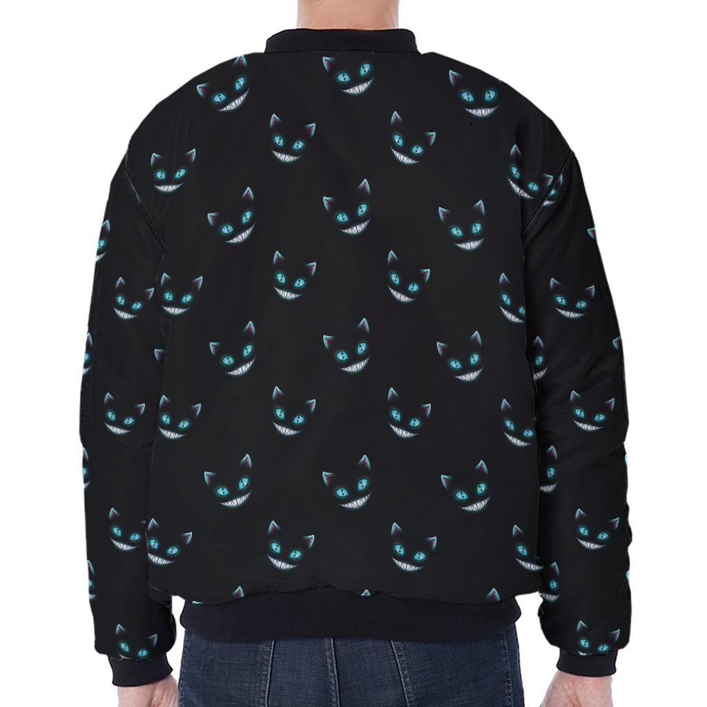 Black Cheshire Cat Pattern Print Zip Sleeve Bomber Jacket