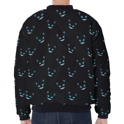 Black Cheshire Cat Pattern Print Zip Sleeve Bomber Jacket