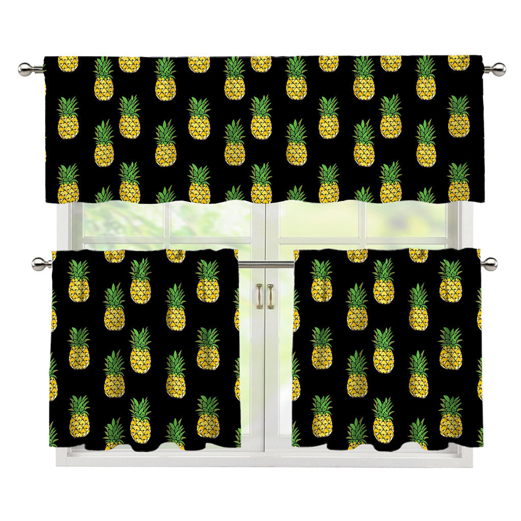 Black Cute Pineapple Pattern Print 3 Piece Kitchen Curtains