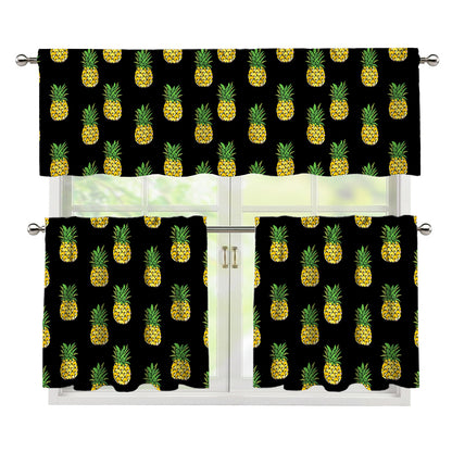 Black Cute Pineapple Pattern Print 3 Piece Kitchen Curtains