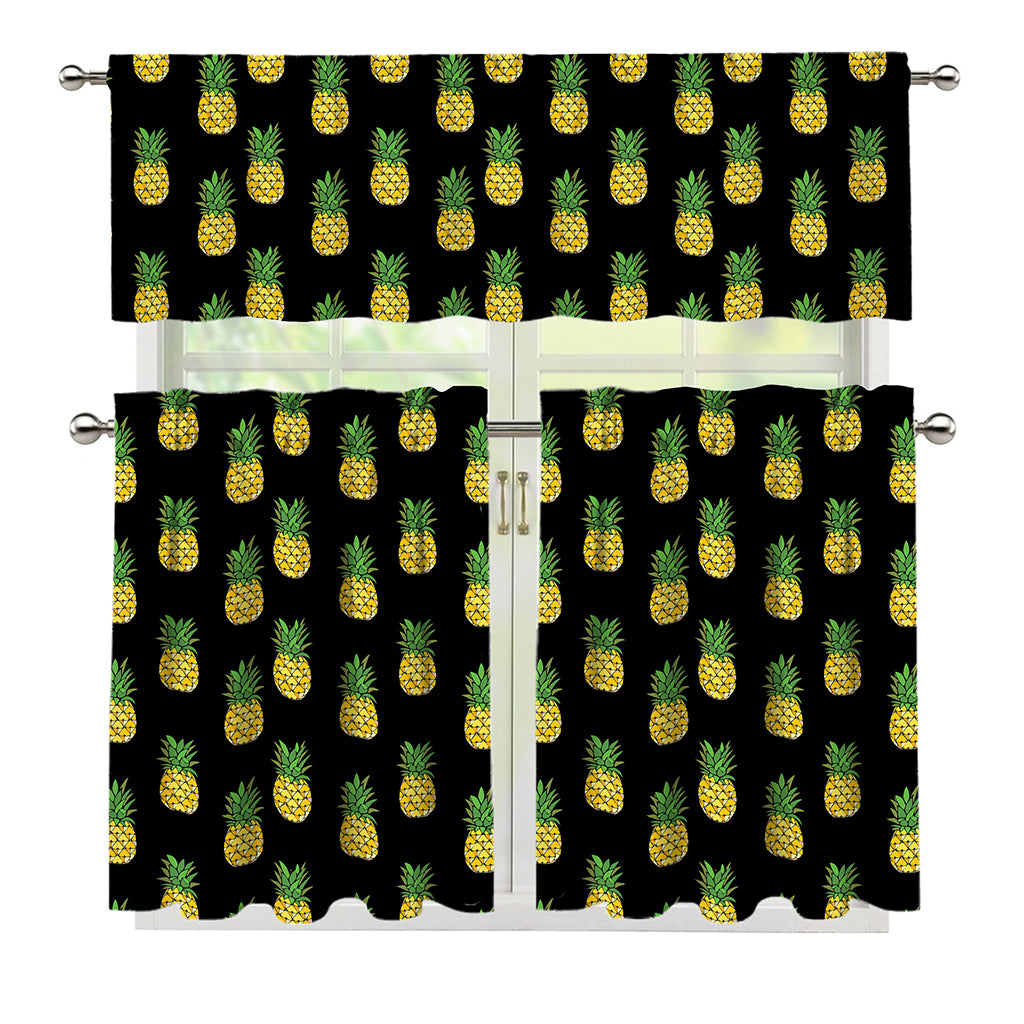 Black Cute Pineapple Pattern Print 3 Piece Kitchen Curtains