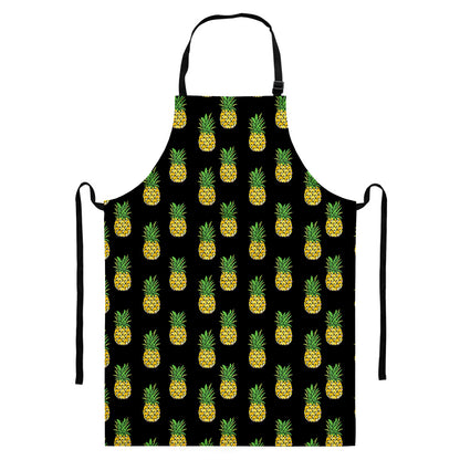 Black Cute Pineapple Pattern Print Bib Apron With Pocket