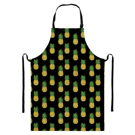 Black Cute Pineapple Pattern Print Bib Apron With Pocket