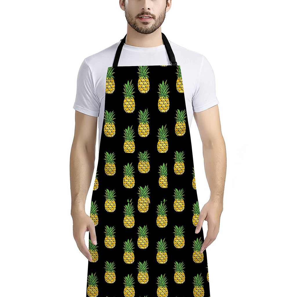 Black Cute Pineapple Pattern Print Bib Apron With Pocket