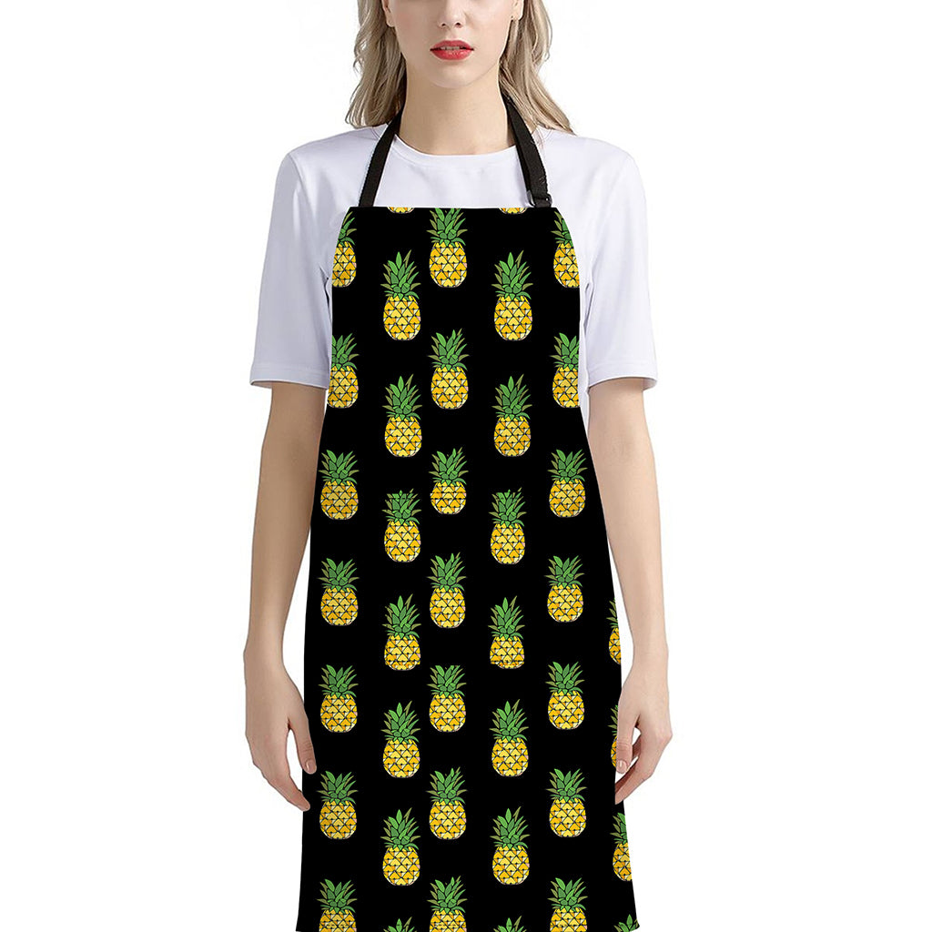 Black Cute Pineapple Pattern Print Bib Apron With Pocket