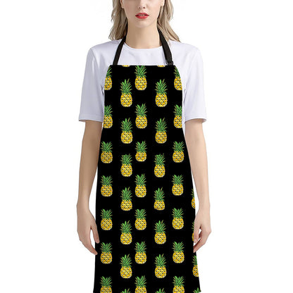 Black Cute Pineapple Pattern Print Bib Apron With Pocket