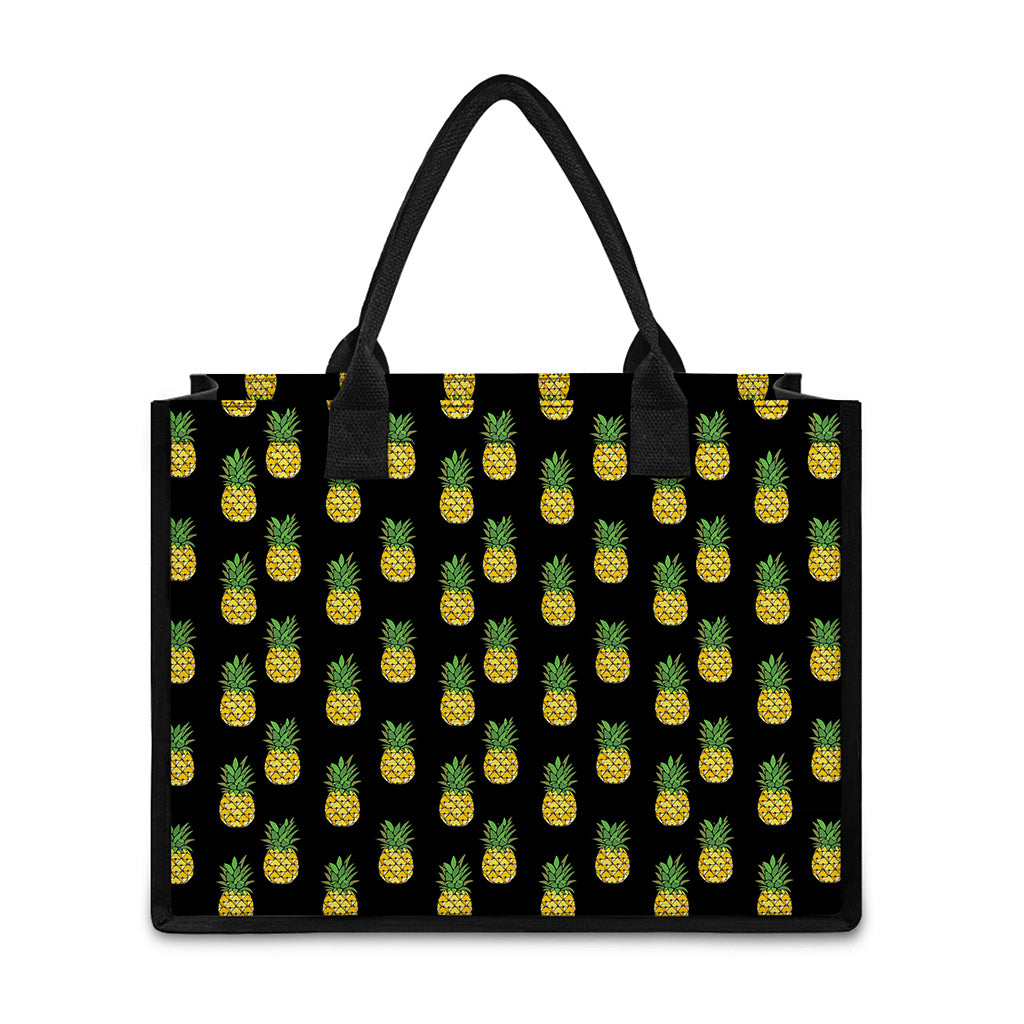 Black Cute Pineapple Pattern Print Canvas Tote Bag