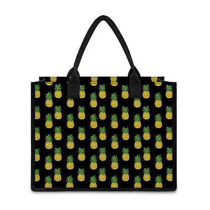 Black Cute Pineapple Pattern Print Canvas Tote Bag