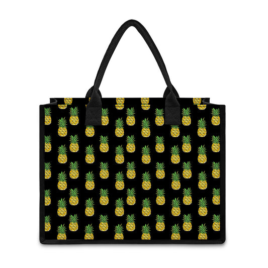 Black Cute Pineapple Pattern Print Canvas Tote Bag