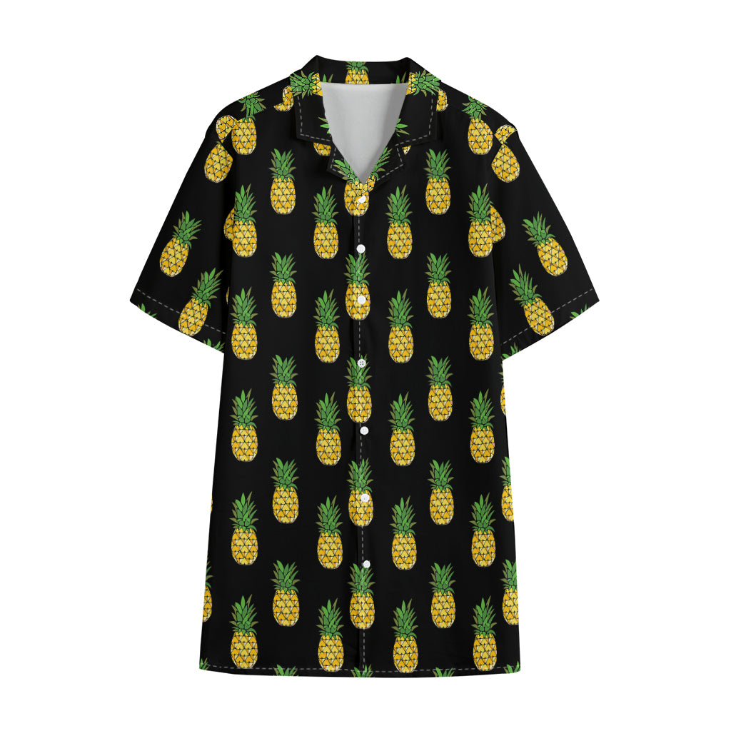Black Cute Pineapple Pattern Print Cotton Hawaiian Shirt