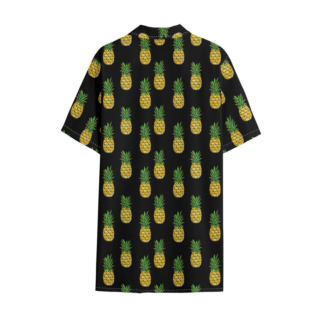 Black Cute Pineapple Pattern Print Cotton Hawaiian Shirt