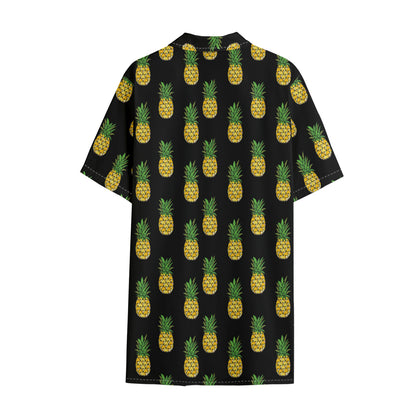 Black Cute Pineapple Pattern Print Cotton Hawaiian Shirt