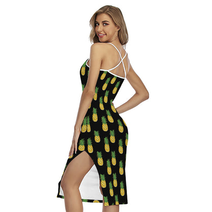 Black Cute Pineapple Pattern Print Cross Back Cami Dress