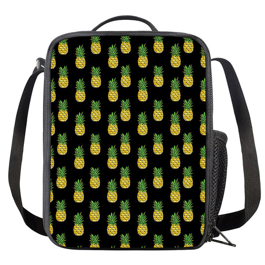 Black Cute Pineapple Pattern Print Crossbody Lunch Bag