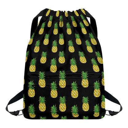 Black Cute Pineapple Pattern Print Drawstring Backpack
