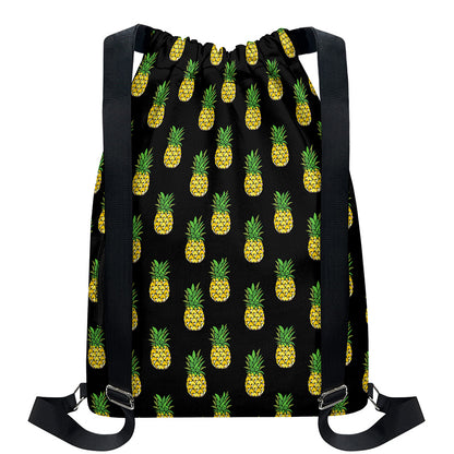 Black Cute Pineapple Pattern Print Drawstring Backpack