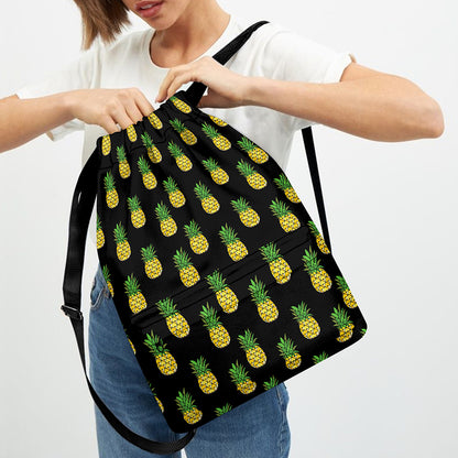 Black Cute Pineapple Pattern Print Drawstring Backpack