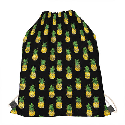 Black Cute Pineapple Pattern Print Drawstring Bag