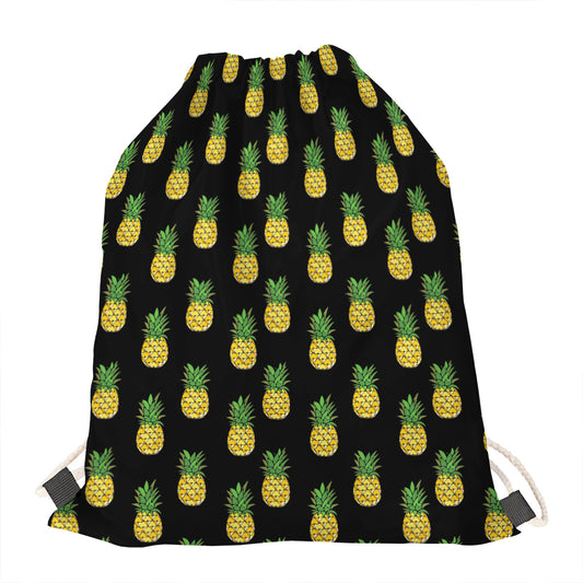 Black Cute Pineapple Pattern Print Drawstring Bag