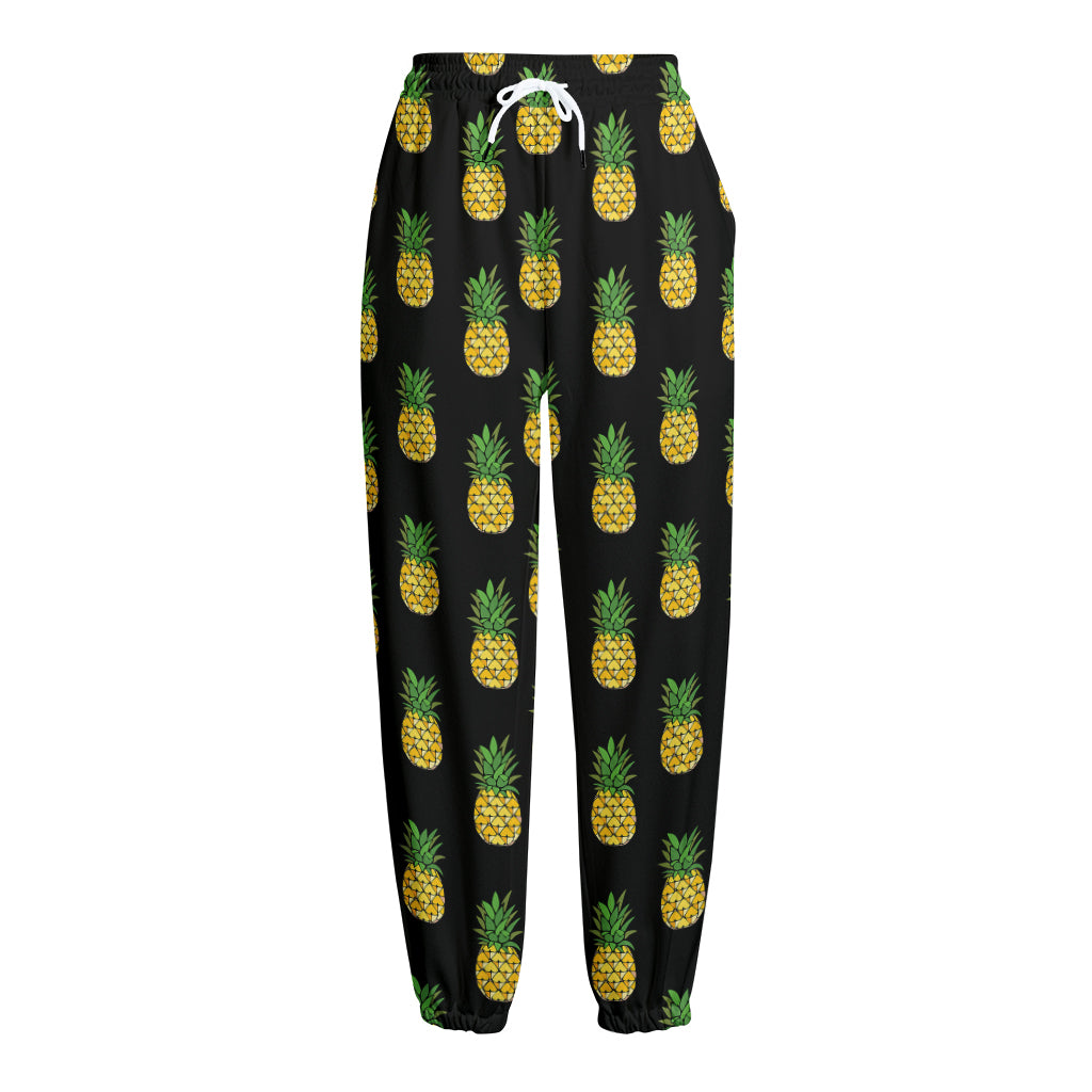 Black Cute Pineapple Pattern Print Fleece Lined Knit Pants