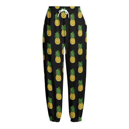 Black Cute Pineapple Pattern Print Fleece Lined Knit Pants