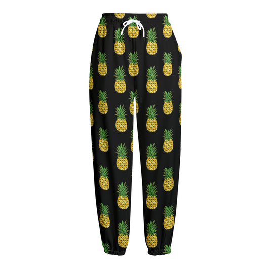 Black Cute Pineapple Pattern Print Fleece Lined Knit Pants