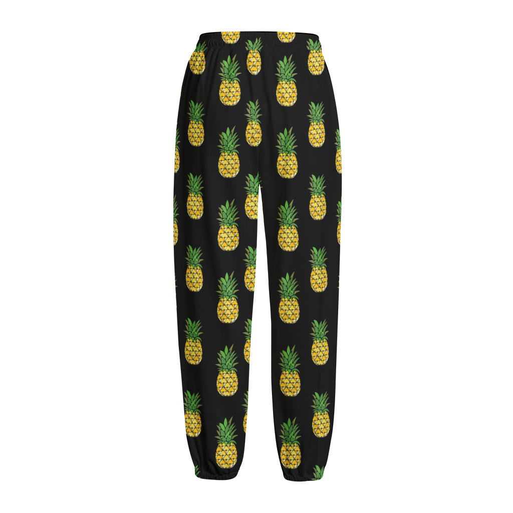 Black Cute Pineapple Pattern Print Fleece Lined Knit Pants