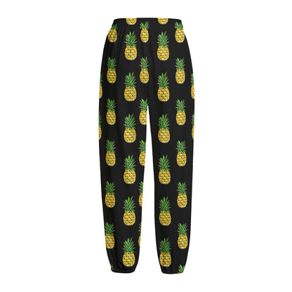 Black Cute Pineapple Pattern Print Fleece Lined Knit Pants