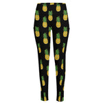 Black Cute Pineapple Pattern Print High-Waisted Pocket Leggings