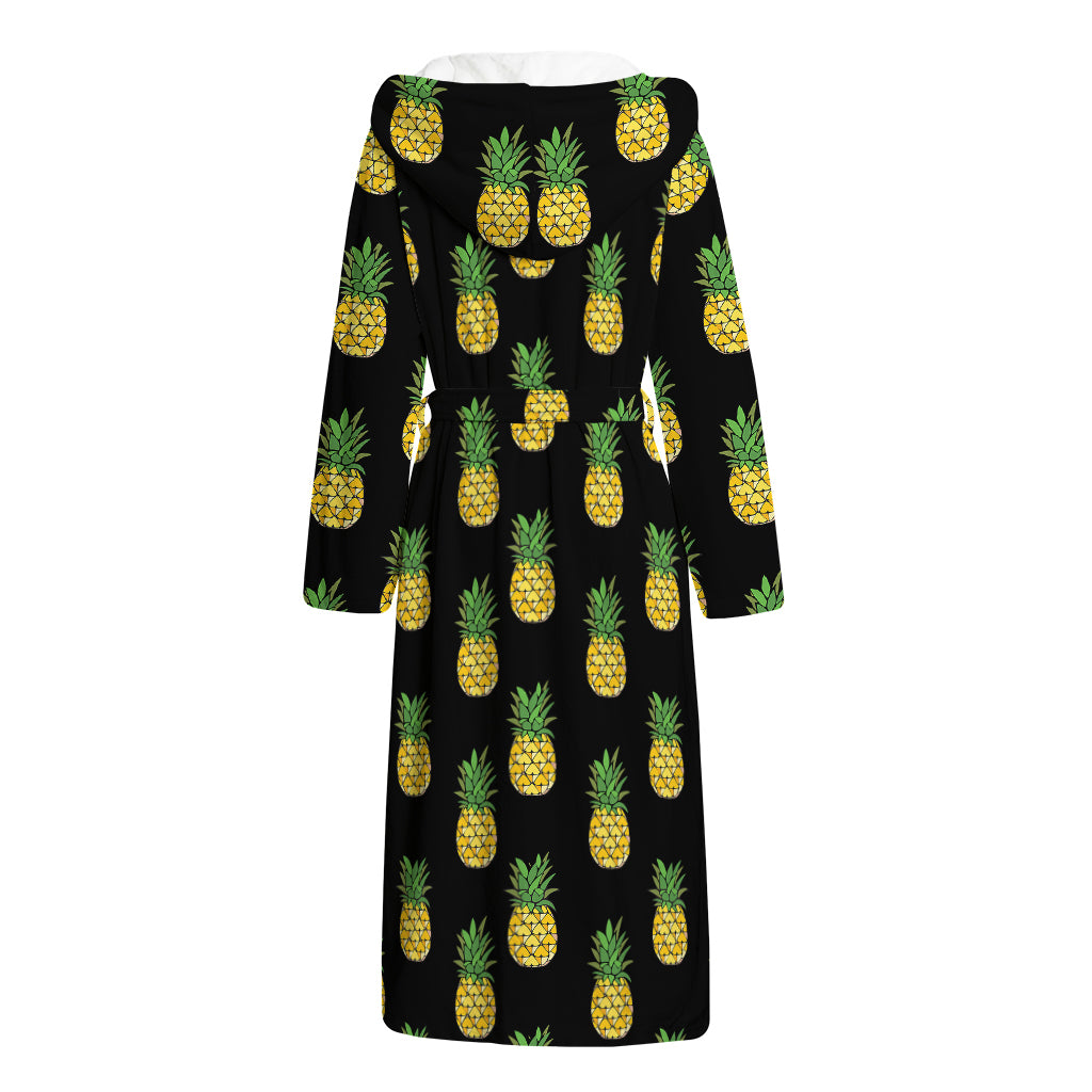 Black Cute Pineapple Pattern Print Hooded Bathrobe