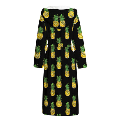 Black Cute Pineapple Pattern Print Hooded Bathrobe