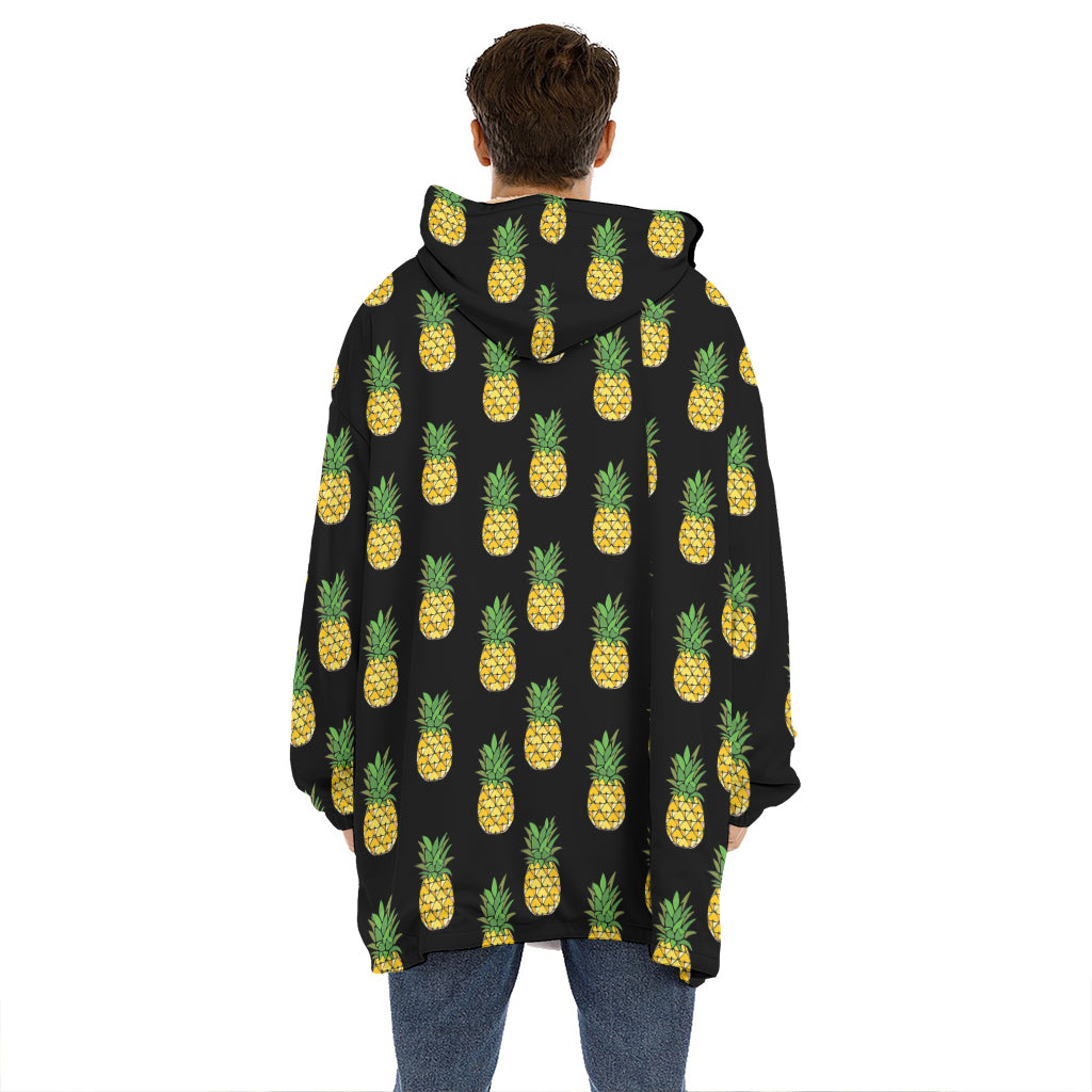 Black Cute Pineapple Pattern Print Hoodie Blanket
