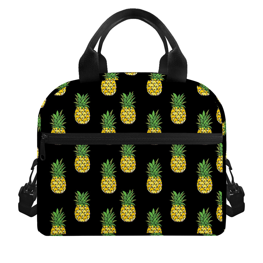 Black Cute Pineapple Pattern Print Insulated Lunch Bag