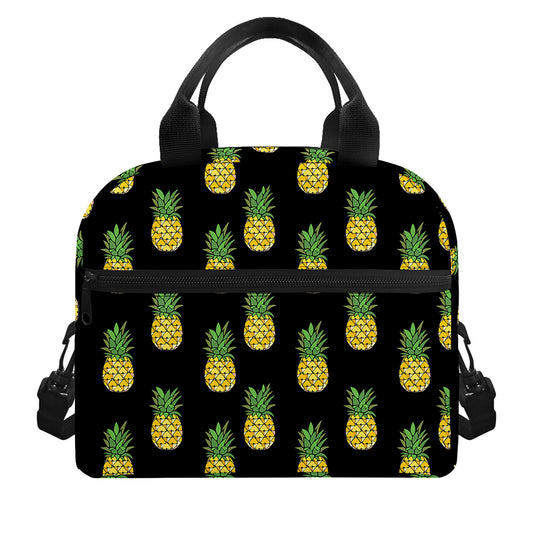 Black Cute Pineapple Pattern Print Insulated Lunch Bag