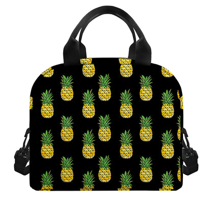 Black Cute Pineapple Pattern Print Insulated Lunch Bag