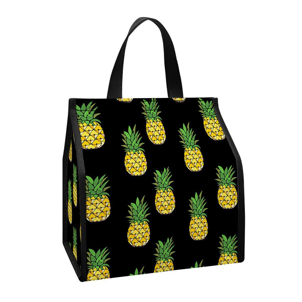 Black Cute Pineapple Pattern Print Insulated Lunch Tote
