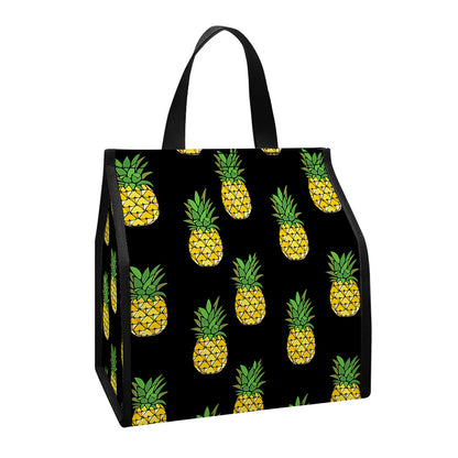 Black Cute Pineapple Pattern Print Insulated Lunch Tote