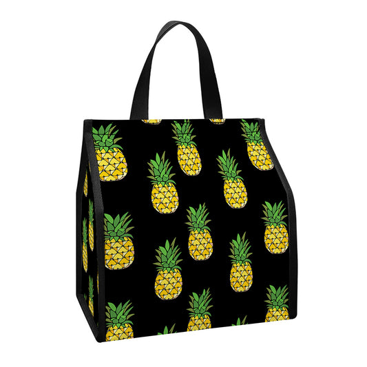 Black Cute Pineapple Pattern Print Insulated Lunch Tote