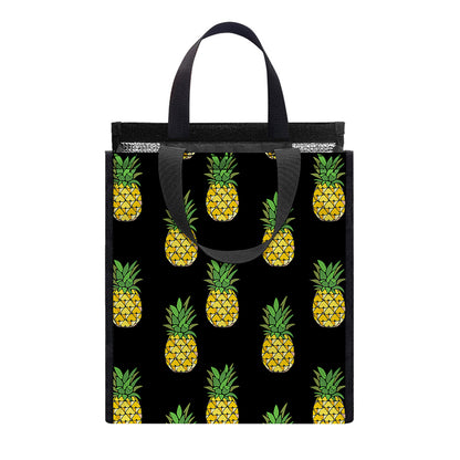 Black Cute Pineapple Pattern Print Insulated Lunch Tote