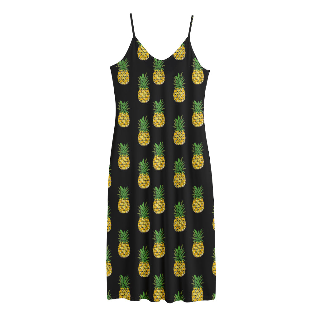 Black Cute Pineapple Pattern Print Jersey Midi Cami Dress